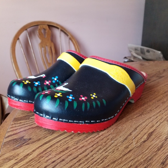 NEW Algen Handcrafted Swedish Wooden Clog Mules blue leather floral goose Print - Picture 3 of 11